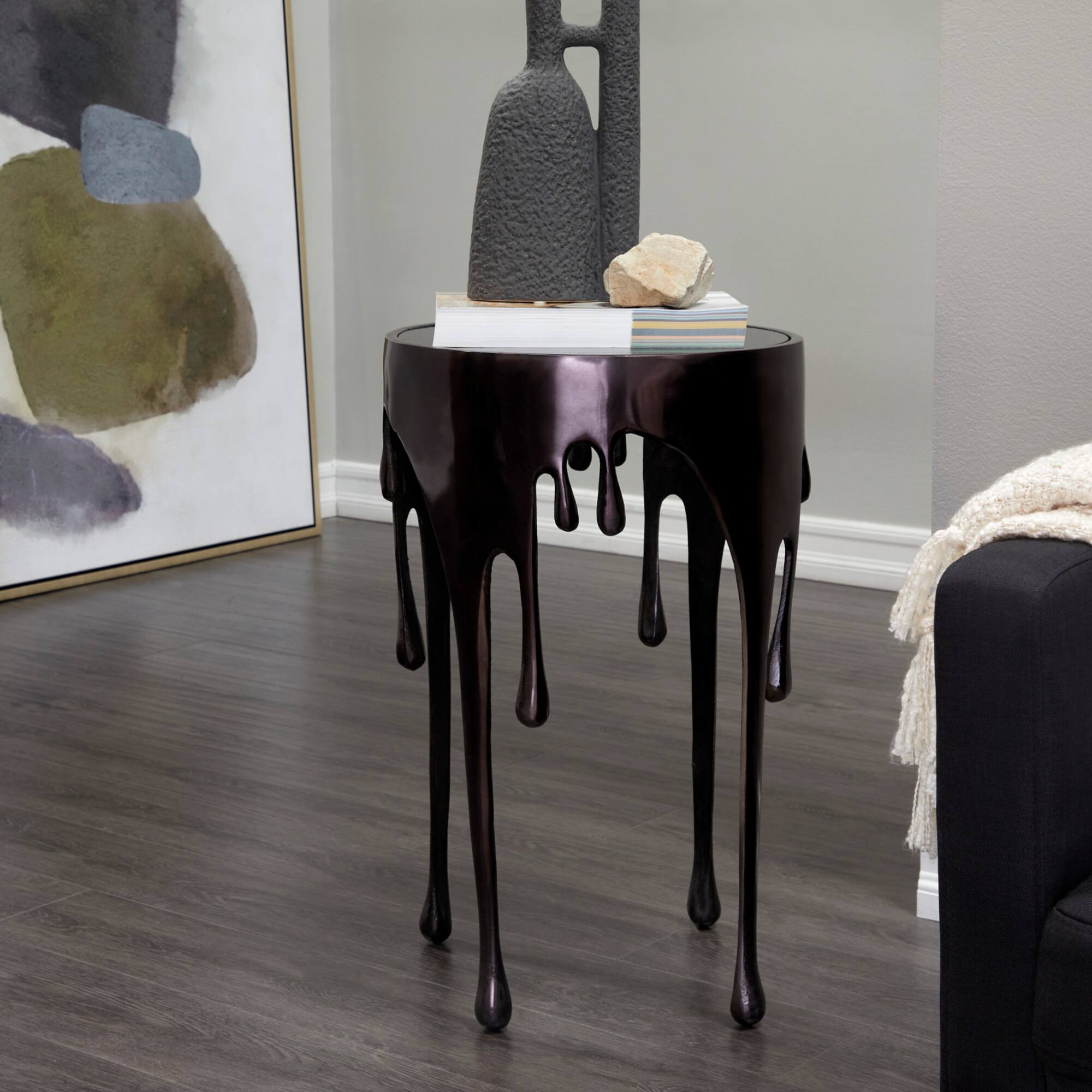 Black Aluminum Drip Accent Table with Melting Designed Legs and Shaded Glass Top 16" x 16" x 25"